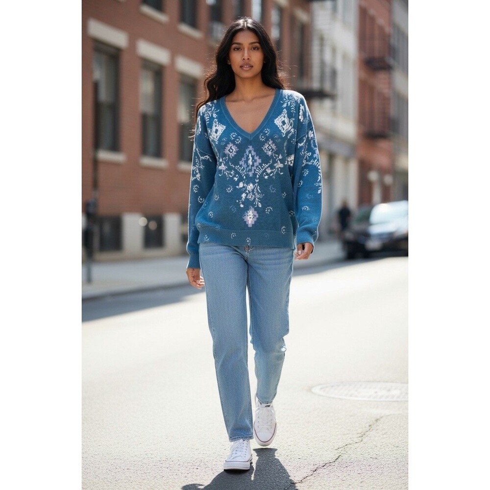 Sundance Glissade Teal Boho Cotton V-Neck Sweater Medium Aztec Southwest Top